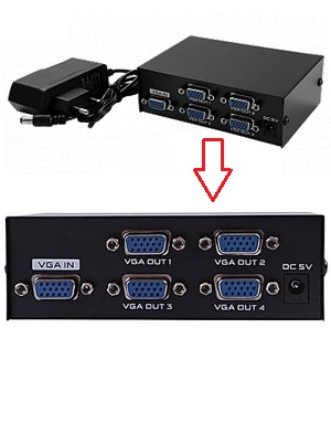 HuaLiSiJi Splitter VGA 1 In 4 Out – 4 Porte, Risoluzione 1920x1440, Larghezza Di Banda 200 MHz, Alimentatore DC 5V, Per Computer, Laptop, PS3/PS4 E Proiettori