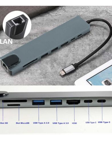 USB Type c to HDMI, LAN, USB, Type c, Cardreader 8in1